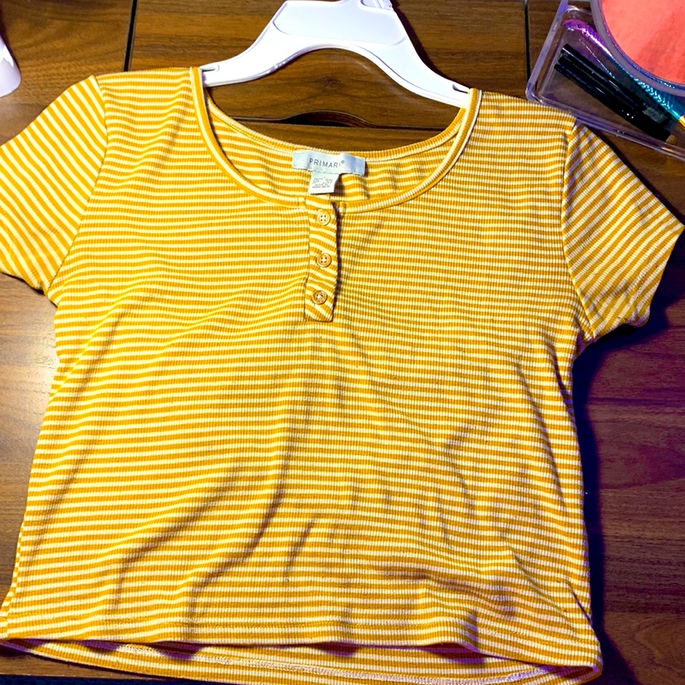 yellow and white womens t-shirt